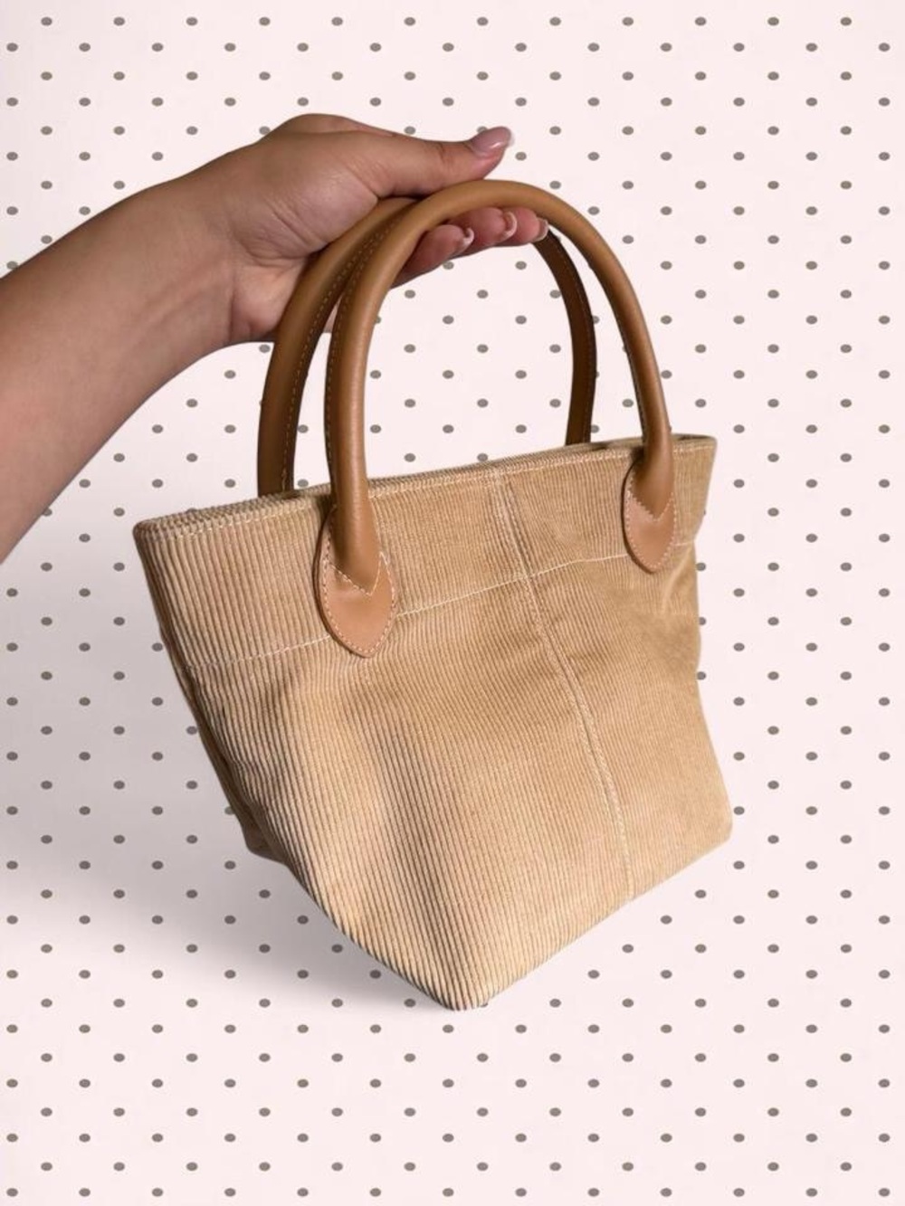 Everyday Corduroy Tote in Light Tan with Leather Handles